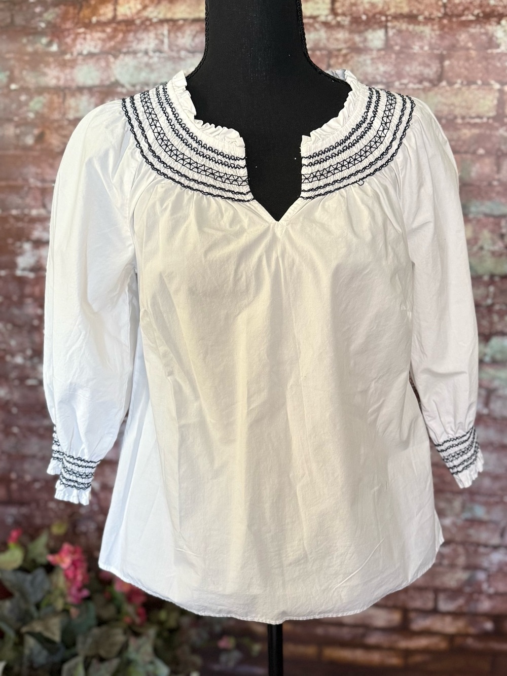 Talbots White Cotton Peasant Blouse with Navy Embroidery